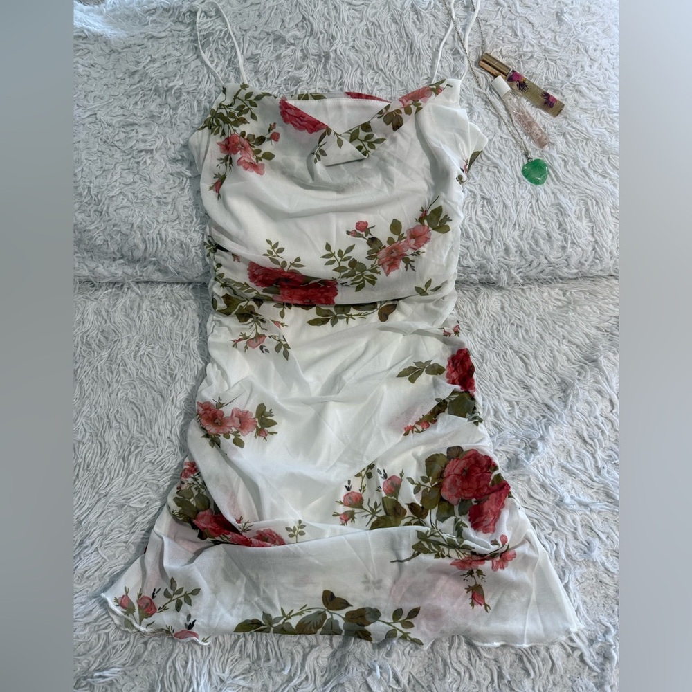 White Ruched Mini Dress with Spaghetti Straps. Floral red, white and green.
